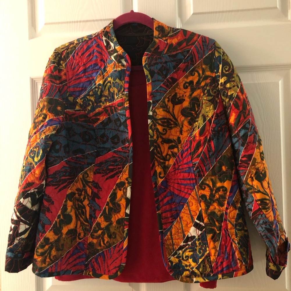 Chico's Multicolor Patchwork blazer , lightly quilted ..reversible to black